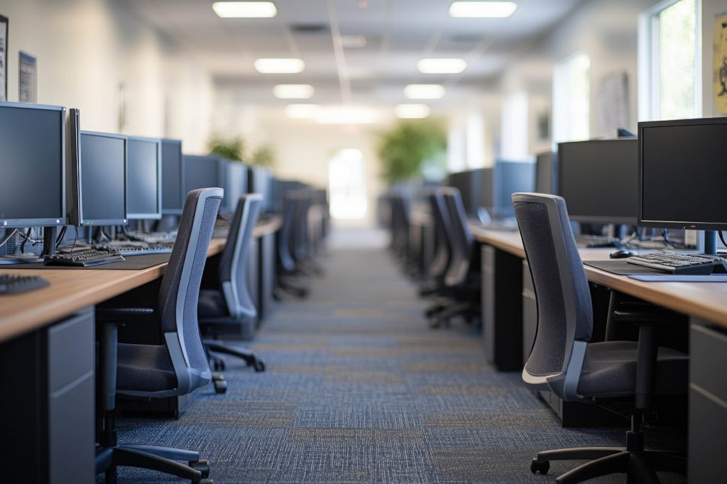 Parc de PC de bureau avec écrans, claviers et tours dans une entreprise