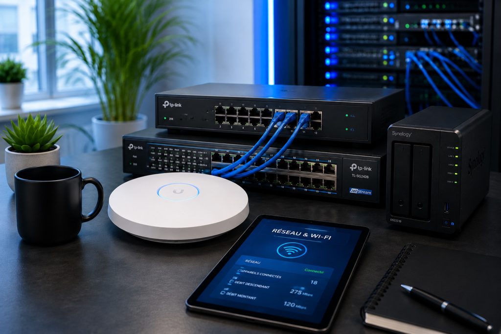 Équipements réseau avec switchs, borne Wi-Fi et stockage NAS