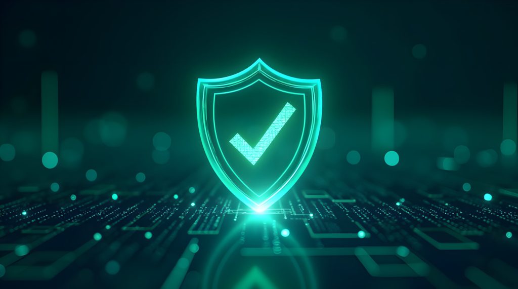 Bouclier turquoise avec coche symbolisant la protection antivirus