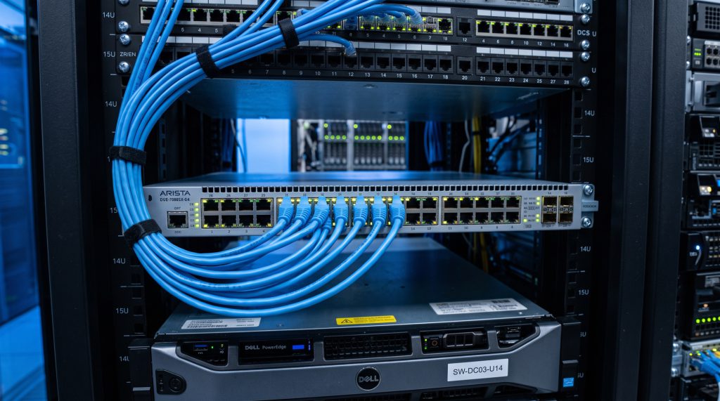 Baie informatique équipée d’un serveur, d’un switch et de câbles réseau